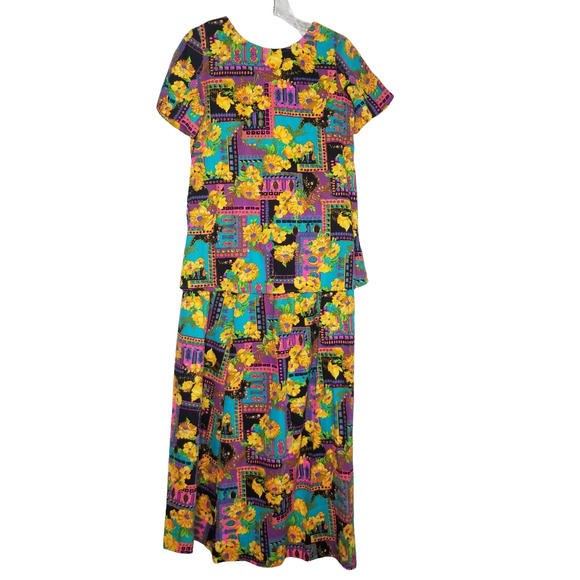 VTG 80's 2 Piece Floral Hawaiian Print Maxi Dress Handmade in Hawaii Neon Color - Picture 1 of 14
